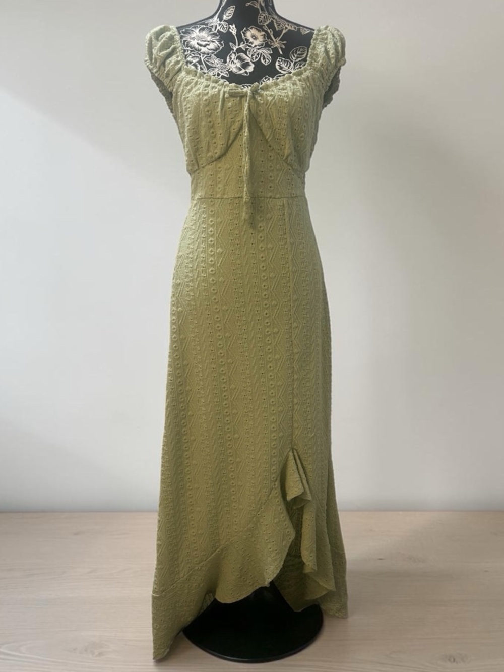 Derek Heart Sage Green Eyelet Maxi Dress with Puff Sleeves Women’s S